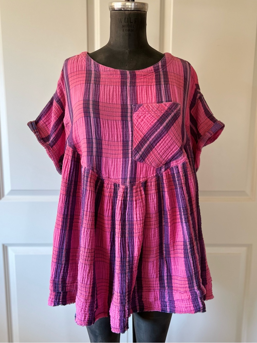 We The Free Pink Plaid Gauze Oversized Tunic Top Pockets Small